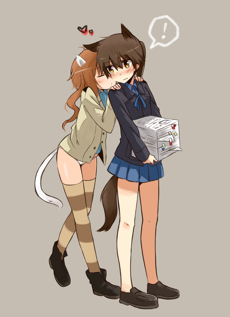 !, 2girls, angela_salas_larrazabal, animal_ears, blush, brown_hair, cat_ears, cat_girl
