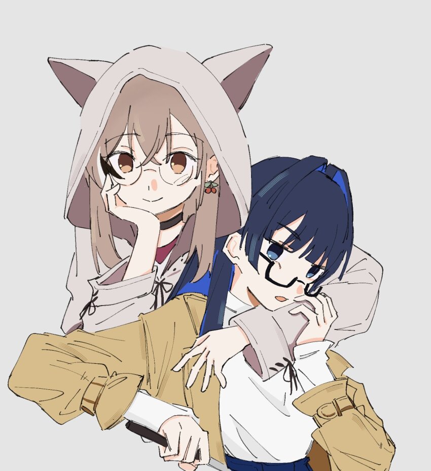 2girls, animal_hood, arm_around_shoulder, berry, black_choker, black_hair, blue_eyes, blue_hair, blue_pants, blunt_bangs, brown_coat, brown_eyes, brown_hair, brown_hoodie, canvas0911, choker, coat, colored_inner_hair, crossed_bangs, denim, double-parted_bangs, earrings, food-themed_earrings, glasses, grey_background, hair_between_eyes, hair_intakes, head_rest, high-waist_pants, highres, hime_cut, hololive, hololive_english, hood, hoodie, jeans, jewelry, long_sleeves, multicolored_hair, multiple_girls, nanashi_mumei, nanashi_mumei_(casual), ouro_kronii, ouro_kronii_(casual), oversized_clothes, pants, rectangular_eyewear, red_shirt, round_eyewear, shirt, sleeves_past_wrists, smile, streaked_hair, sweater, sweater_tucked_in, trench_coat, virtual_youtuber, white_sweater, wide_sleeves, yuri