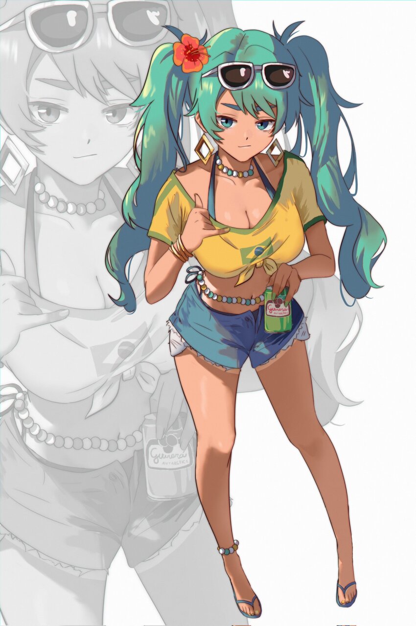 1girl, :/, alternate_breast_size_(larger), alternate_skin_color, anklet, aqua_eyes, aqua_hair, bare_legs, bead_choker, beads, belly_chain, bikini, bikini_under_clothes, borrowed_design, bracelet, brazil, brazilian_flag, brazilian_flag_print, brazilian_miku, breasts, can, cleavage, closed_mouth, collarbone, commentary, crop_top, denim, denim_shorts, earrings, eyewear_on_head, flag_print, flip-flops, flower, from_above, full_body, guarana_antarctica, hair_flower, hair_ornament, hatsune_miku, hibiscus, highres, holding, holding_can, jewelry, long_hair, looking_at_viewer, lucasafontes, open_clothes, open_shorts, sandals, shaka_sign, shirt, short_sleeves, shorts, solo, sunglasses, swimsuit, tan, tanline, tied_shirt, twintails, vocaloid, wavy_hair, white_background, zoom_layer