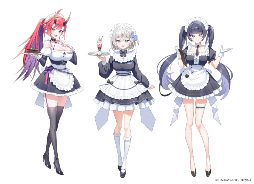 3girls, ahoge, alternate_costume, apron, bare_legs, bare_shoulders, black_choker, black_dress