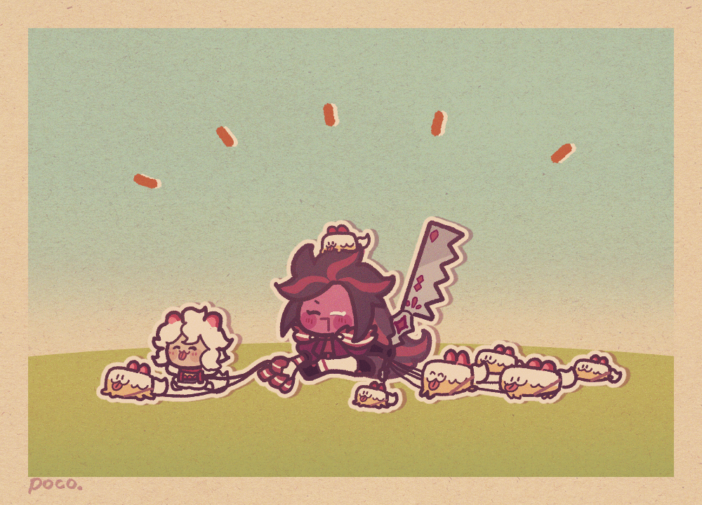 1boy, 1other, animal, animated, animated_gif, cake_hound, chibi, chibi_only, closed_eyes, commentary, cookie_run, cookie_run:_kingdom, cream_cake_hound, dog, food-themed_creature, food_as_ears, holding, holding_weapon, in-franchise_crossover, ishrkut, leash, line_cookie_run, long_hair, looping_animation, multiple_dogs, on_head, outdoors, red_velvet_cookie, running, strawberry_shortcake_cookie, untranslatable_commentary, too_many, too_many_dogs, walking, weapon