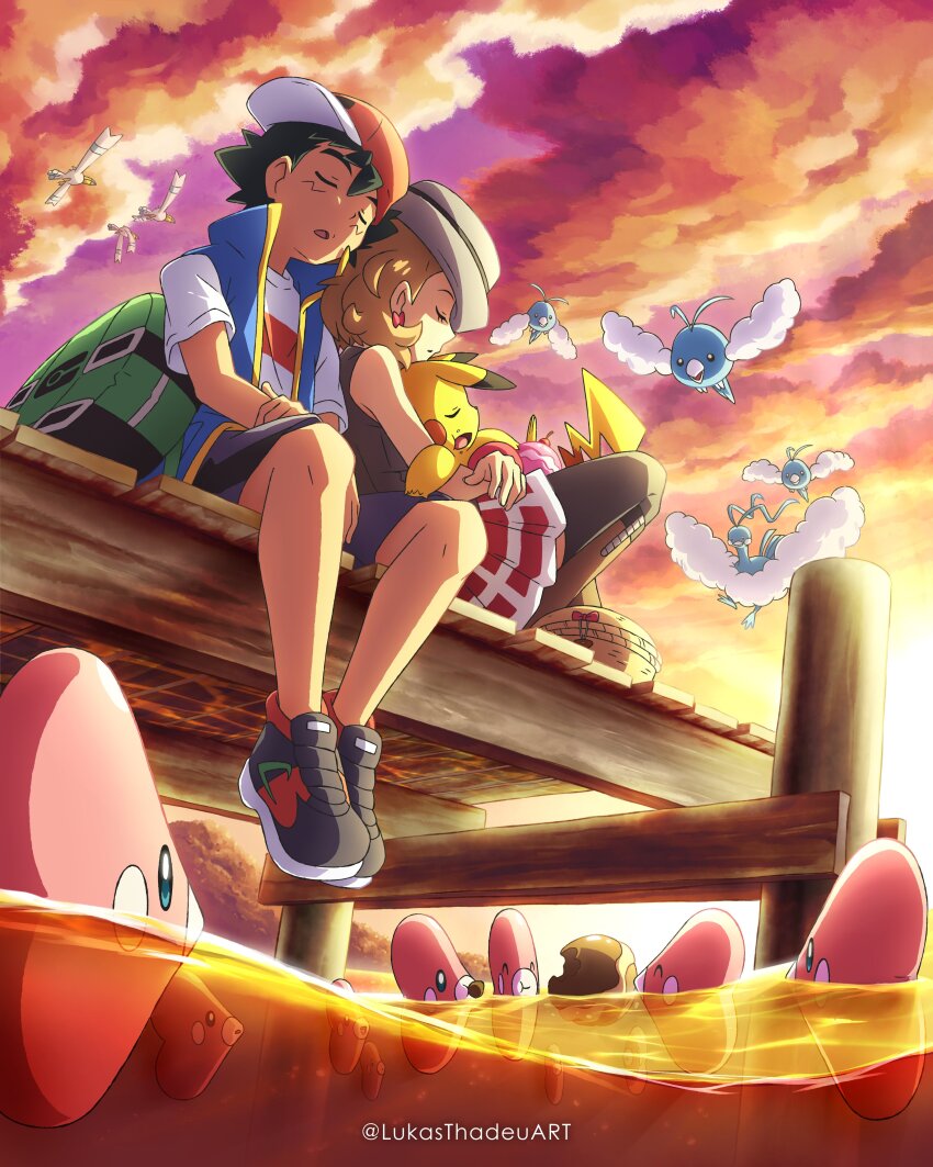 1boy, 1girl, absurdres, altaria, ash_ketchum, black_hair, blonde_hair, closed_eyes