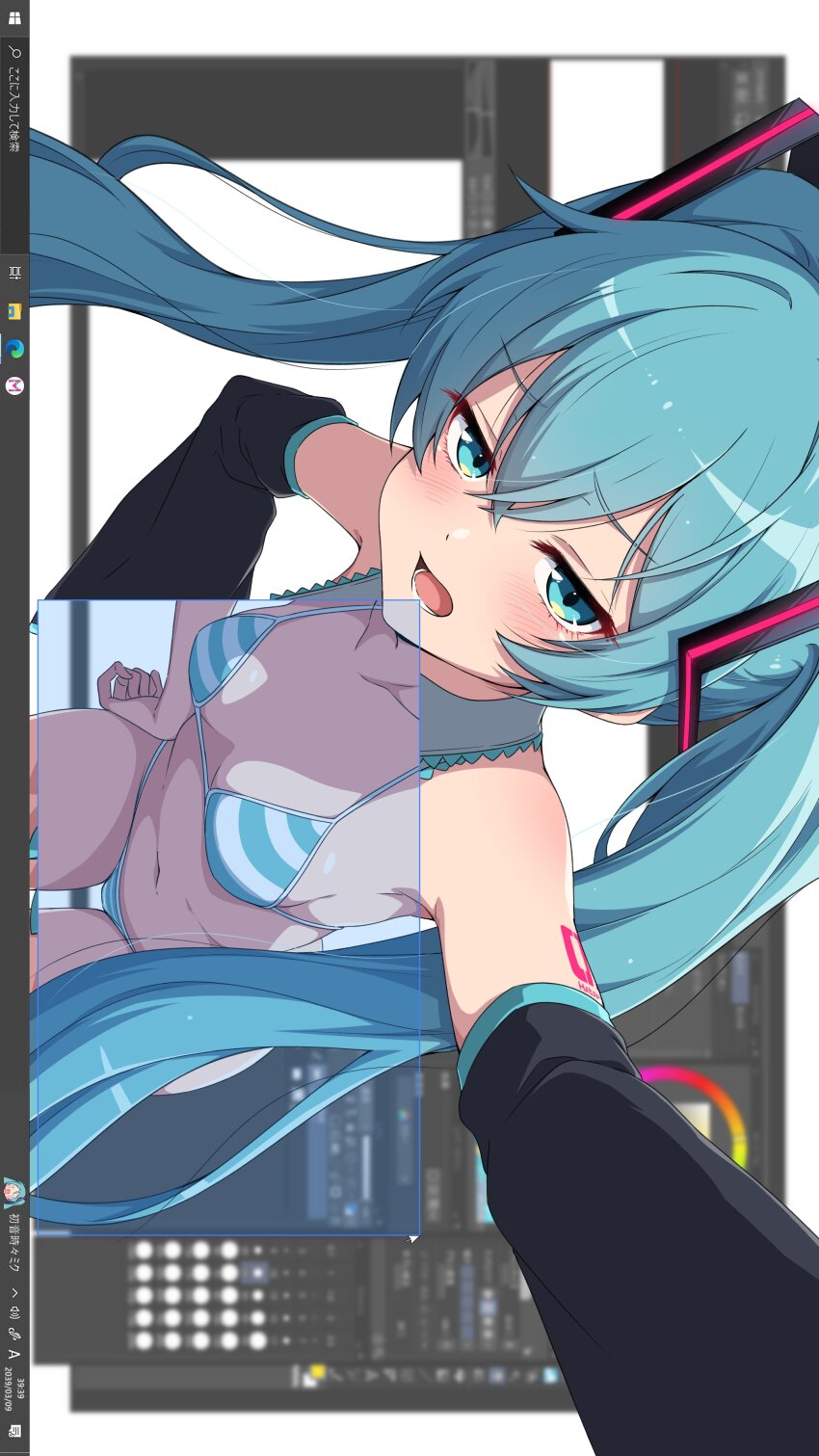 1girl, absurdres, aqua_eyes, aqua_hair, art_program_in_frame, bikini, black_sleeves, detached_sleeves, fake_screenshot, fourth_wall, hair_between_eyes, half-closed_eyes, hatsune_miku, highres, long_hair, looking_at_viewer, microsoft_windows, navel, nishizuki_shino, number_tattoo, open_mouth, photoshop_(medium), sideways, striped_bikini, striped_clothes, swimsuit, taskbar, tattoo, teeth, twintails, very_long_hair, vocaloid, x-ray_vision