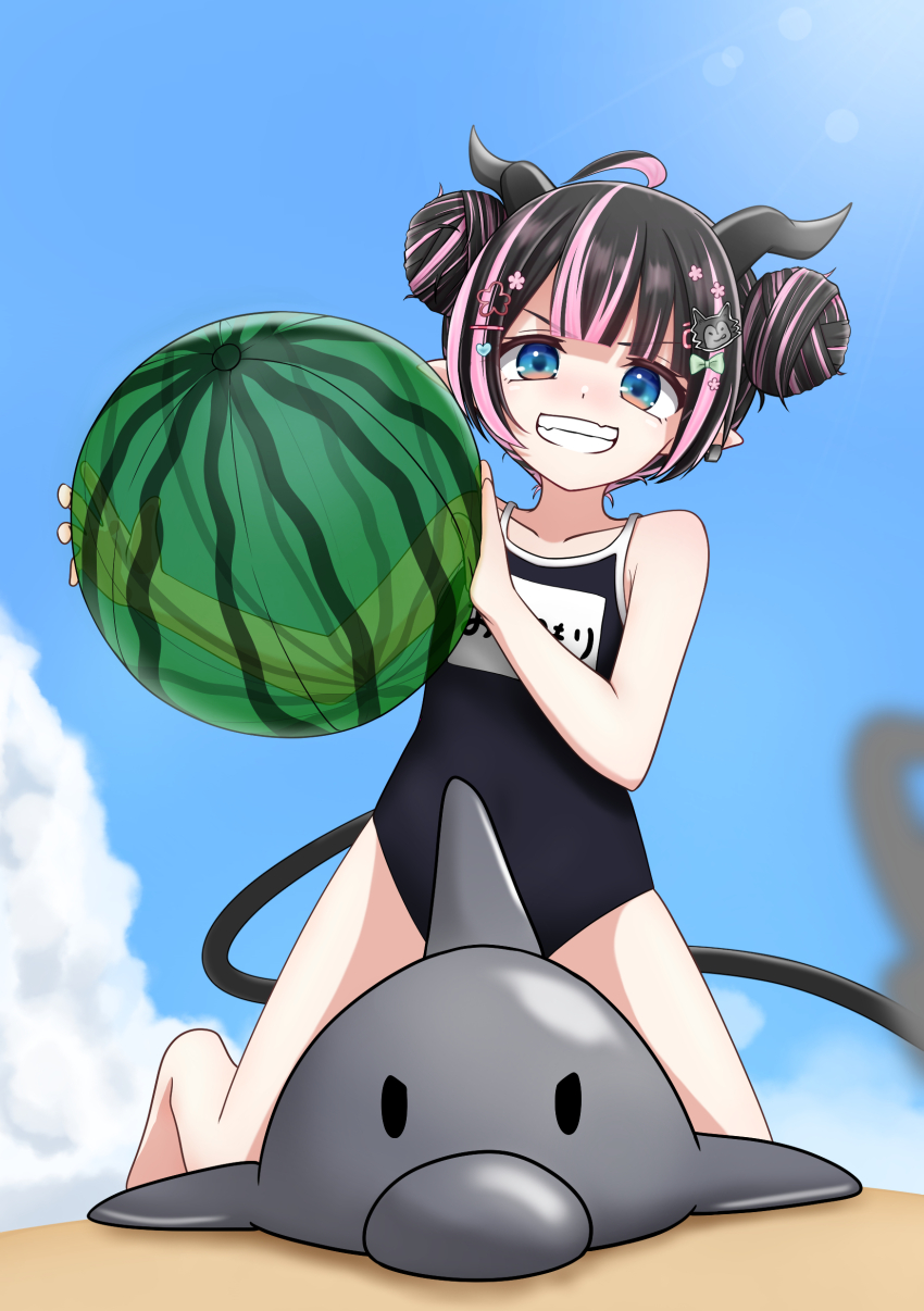 1girl, absurdres, ahoge, alternate_costume, alternate_hairstyle, ball, beachball, black_hair