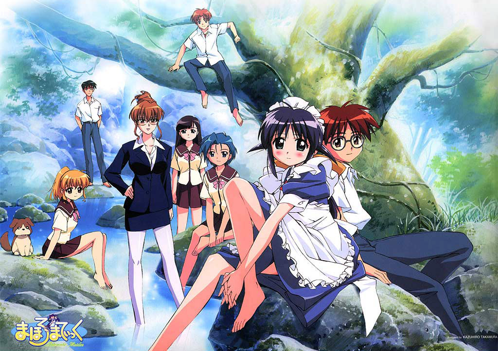 andou_mahoro, blonde_hair, blue_eyes, blue_hair, brown_eyes, brown_hair, glasses, green_eyes