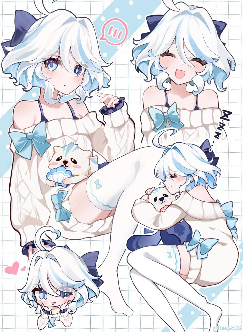 1girl, :o, ahoge, bare_shoulders, blue_bow, blue_eyes, blue_hair, blush