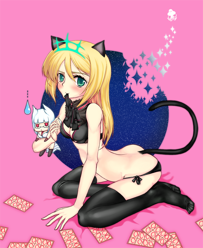 2girls, animal_ears, aqua_eyes, black_panties, black_thighhighs, blonde_hair, blush, bra, breasts, cat_ears, cat_tail, chibi, cleavage, heidimarie_w._schnaufer, heinrike_prinzessin_zu_sayn-wittgenstein, hirschgeweih_antennas, lingerie, long_hair, marie_(bethlehem), mouth_hold, multiple_girls, noble_witches, panties, strike_witches, stuffed_toy, sweatdrop, tail, thighhighs, underwear, underwear_only, world_witches_series