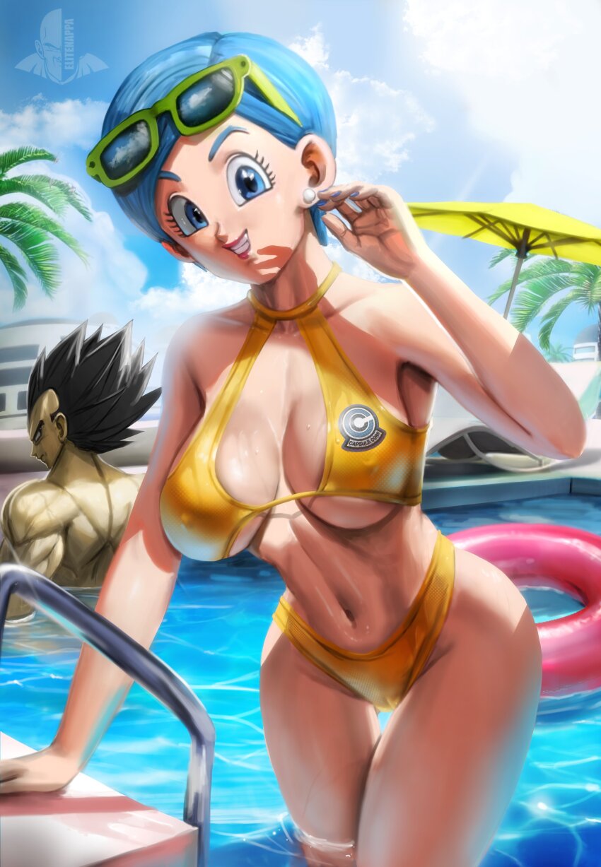1boy, 1girl, absurdres, back, bavel, bikini, black_eyes, black_hair, blue_eyes, blue_hair, blue_sky, breasts, bulma, covered_erect_nipples, day, dragon_ball, dragon_ball_super, earrings, elite_nappa, highres, jewelry, large_breasts, lifebuoy, lips, looking_back, muscular, muscular_male, nails, palm_tree, pool, poolside, short_hair, sky, smile, spiked_hair, sunglasses_on_head, swim_ring, swimsuit, teeth, tree, umbrella, vegeta, yellow_bikini
