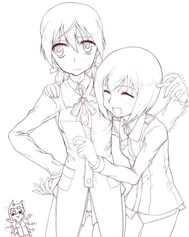 3girls, chibi, chibi_inset, erica_hartmann, gertrud_barkhorn, greyscale, hand_on_own_hip, hanna-justina_marseille