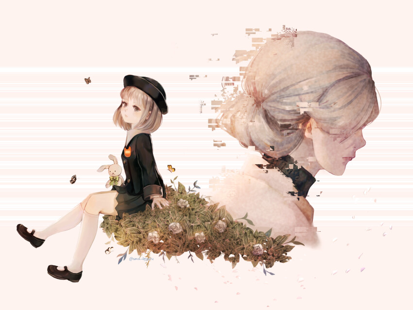 2girls, absurdres, agnesgabrielle9, art_study, bag, black_hat, bug, butterfly, chihiro_(juusan_kihei_bouei_ken), child, glitch, hat, highres, holding, holding_stuffed_toy, insect, juusan_kihei_bouei_ken, kindergarten_bag, kindergarten_uniform, morimura_chihiro_(2188), multiple_girls, name_tag, school_hat, socks, spoilers, stuffed_animal, stuffed_rabbit, stuffed_toy, white_hair, white_socks