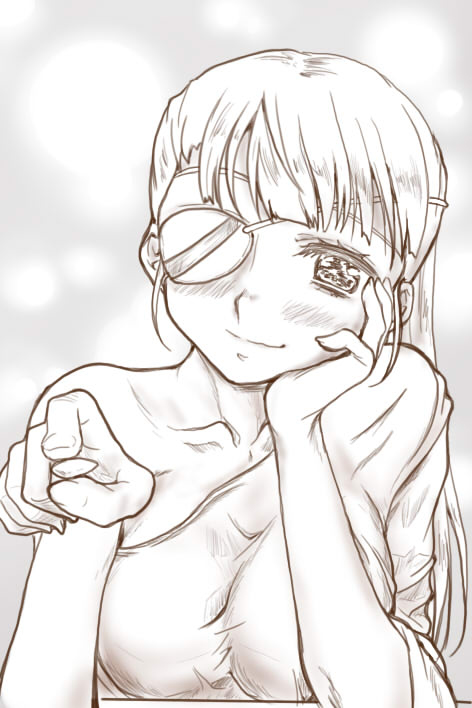 1girl, blush, eyepatch, feeding, female_focus, greyscale, head_rest, incoming_food