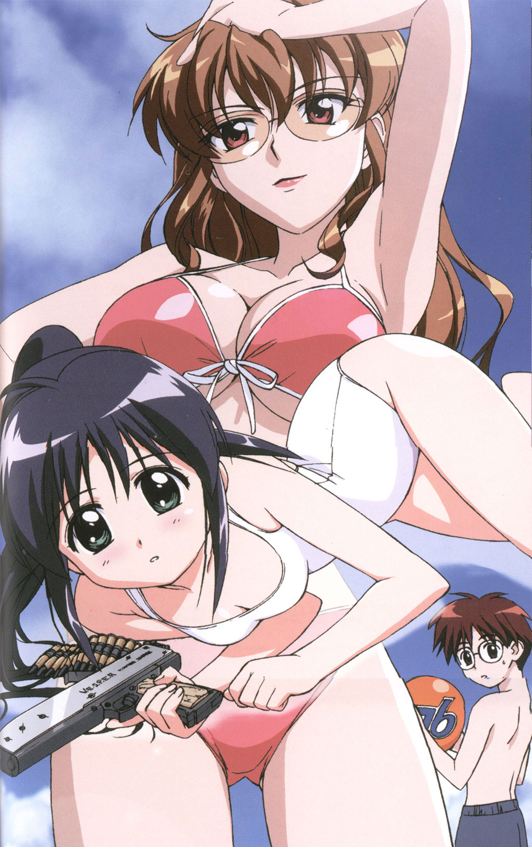 andou_mahoro, blue_hair, brown_eyes, brown_hair, glasses, green_eyes, gun, highres