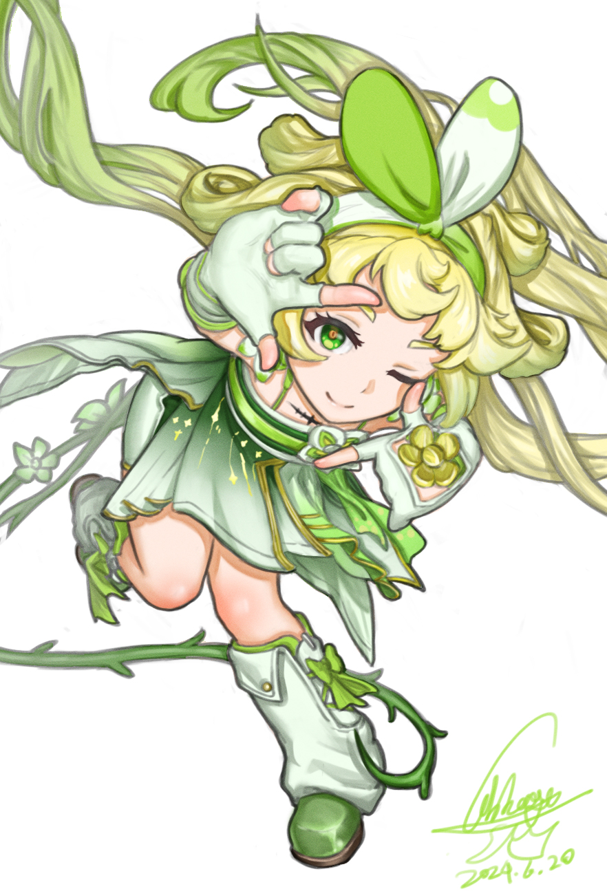 1girl, ;), blonde_hair, bow, bow_hairband, bow_legwear, commentary_request, dated