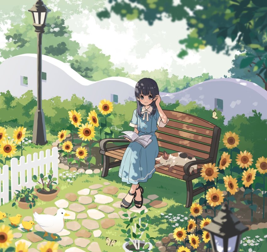 1girl, animal, arisa_(aren), arm_up, bench, bird, black_hair, black_sandals