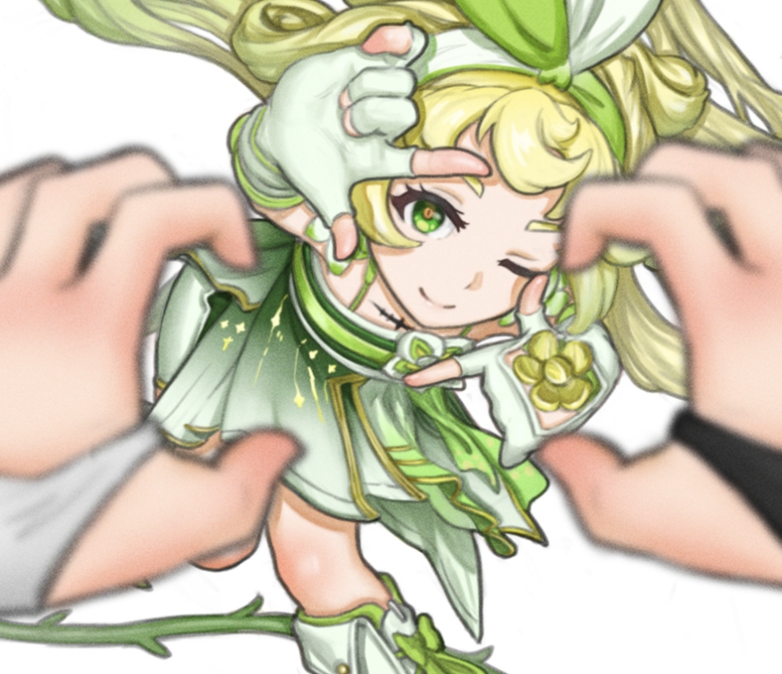 2girls, arms_up, blonde_hair, blurry, blurry_foreground, bow, bow_hairband, claw_pose, closed_mouth, commentary_request, dress, earrings, encore_(wuthering_waves), eyelashes, finger_frame, fingerless_gloves, floating_hair, flower, flower_earrings, gloves, gradient_clothes, gradient_dress, gradient_hair, green_bow, green_dress, green_eyes, green_hair, green_hairband, green_ribbon, hairband, hands_up, jewelry, leaning_forward, long_hair, looking_at_viewer, multicolored_hair, multiple_girls, one_e_gg, one_eye_closed, plant, pov, pov_hands, ribbon, short_eyebrows, short_shorts, shorts, sidelocks, simple_background, sleeveless, sleeveless_dress, smile, solo_focus, tacet_mark_(wuthering_waves), v-shaped_eyebrows, verina_(wuthering_waves), vines, white_background, white_flower, white_gloves, white_hairband, white_shorts, wuthering_waves