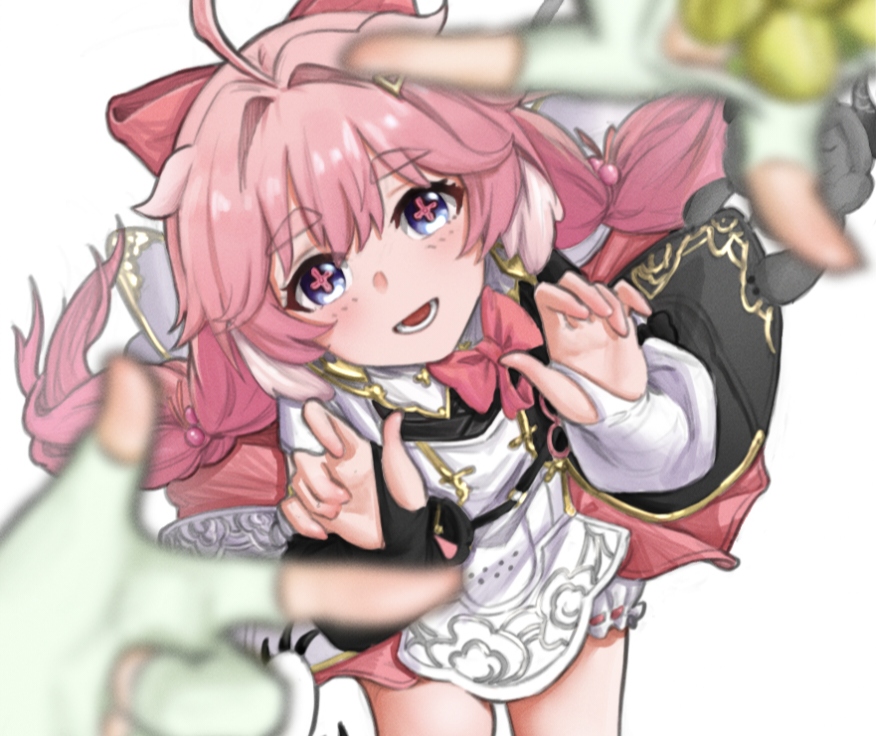 2girls, :d, ahoge, arm_warmers, bag, black_arm_warmers, black_bag, black_dress, bloomers, blue_eyes, blurry, blurry_foreground, blush, bow, bowtie, claw_pose, cloudy_(wuthering_waves), commentary_request, cosmos_(wuthering_waves), cross-shaped_pupils, dress, earrings, encore_(wuthering_waves), eyelashes, finger_frame, fingerless_gloves, floating_hair, gloves, gold_earrings, gold_trim, hair_between_eyes, hair_bow, hair_intakes, hair_ornament, hairclip, hands_up, jewelry, leaning_forward, long_hair, looking_at_viewer, low_twintails, lower_teeth_only, mismatched_arm_warmers, multiple_girls, o-ring, one_e_gg, open_mouth, pink_bow, pink_bowtie, pink_hair, pink_pupils, pink_skirt, pleated_skirt, pov, pov_hands, ribbon-trimmed_bloomers, ribbon_trim, sidelocks, simple_background, skirt, skirt_under_dress, smile, solo_focus, stuffed_animal, stuffed_sheep, stuffed_toy, symbol-shaped_pupils, teeth, thick_eyebrows, twintails, two-tone_dress, underwear, verina_(wuthering_waves), white_background, white_bloomers, white_dress, white_gloves, wuthering_waves