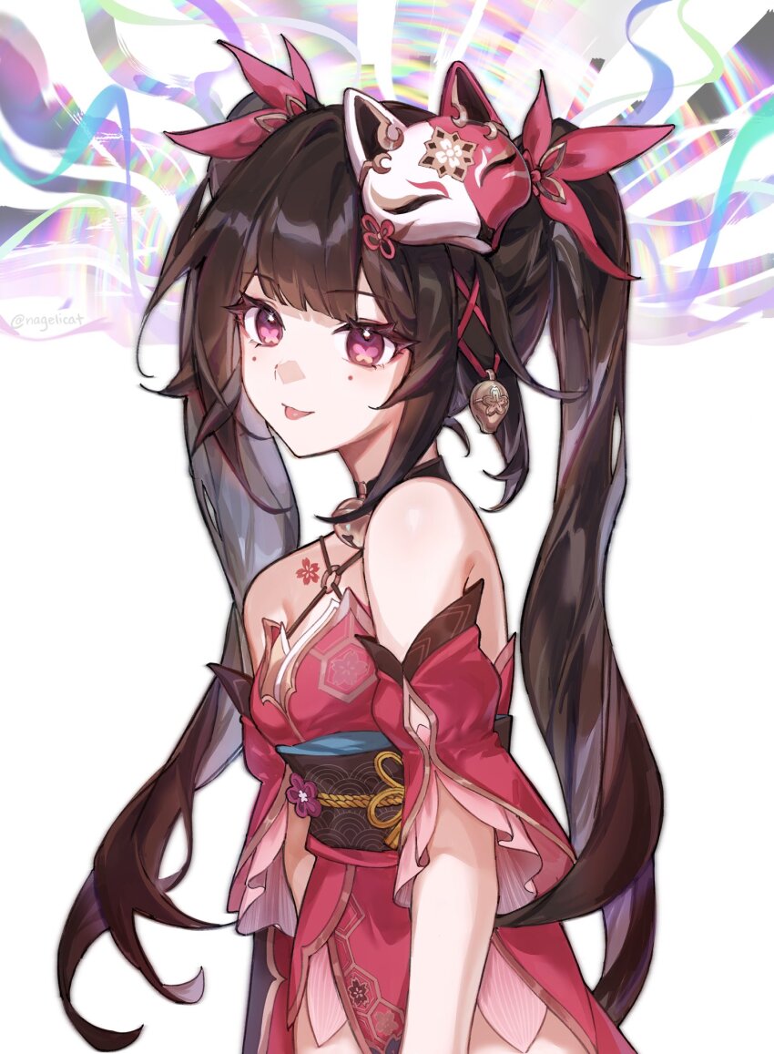 1girl, :p, bare_shoulders, black_choker, black_hair, black_sash, choker, commentary