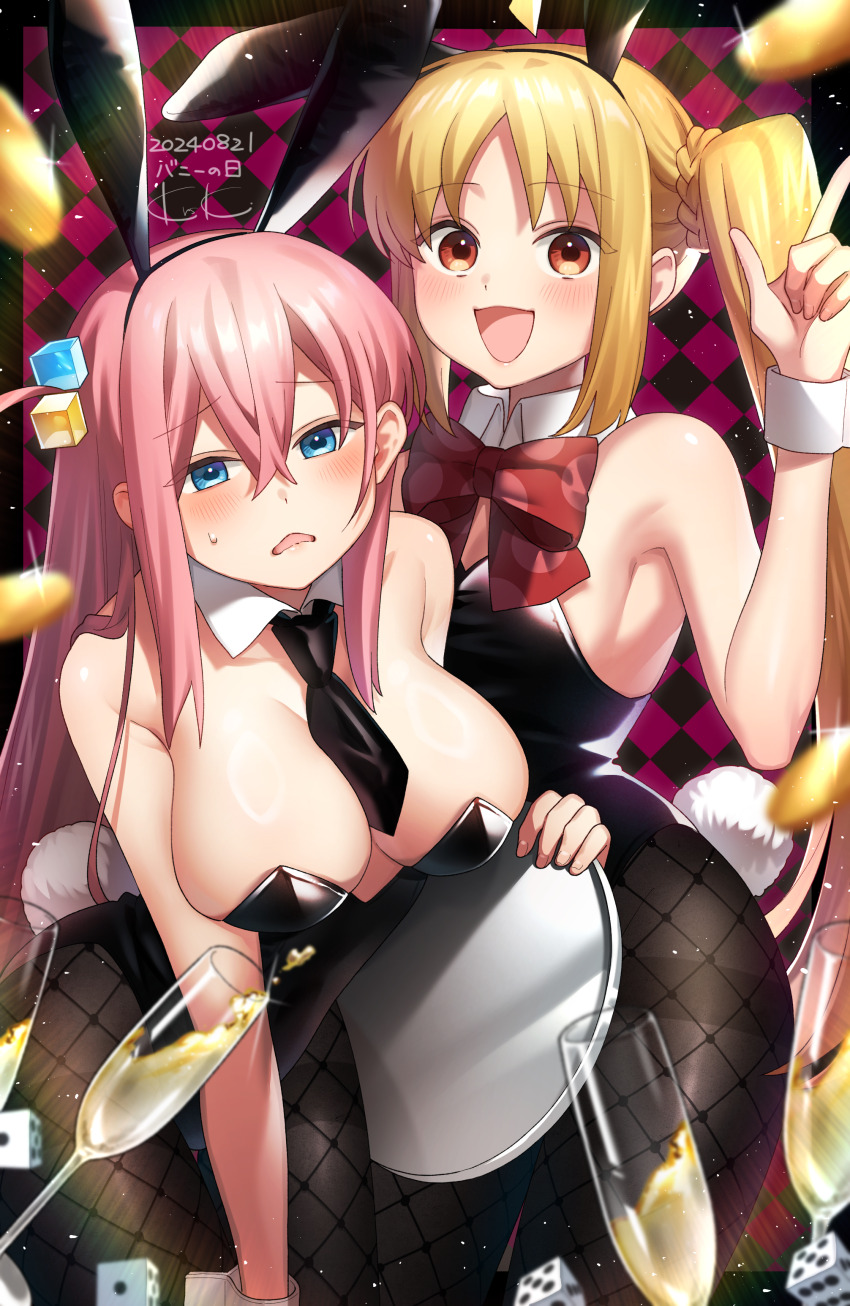 2girls, absurdres, alcohol, animal_ears, bare_shoulders, black_leotard, black_necktie, black_pantyhose, blonde_hair, blue_eyes, blush, bocchi_the_rock!, bow, braid, breasts, bunny_day, champagne, checkered_background, coin, commentary_request, crossed_bangs, dated, detached_collar, dice, dice_hair_ornament, fake_animal_ears, fishnet_pantyhose, fishnets, gotoh_hitori, hair_ornament, highres, holding, holding_tray, ijichi_nijika, kurosuke_(sk_tsu96), large_breasts, leotard, long_hair, looking_at_viewer, multiple_girls, necktie, open_mouth, pantyhose, pink_hair, playboy_bunny, pointing, pointing_up, rabbit_ears, rabbit_tail, red_bow, side_ahoge, side_ponytail, sideboob, sidelocks, smile, strapless, strapless_leotard, sweatdrop, tail, thick_thighs, thighs, tray, very_long_hair, wrist_cuffs