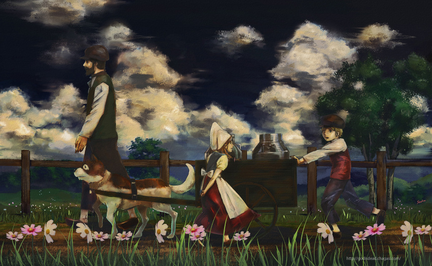 1girl, 2boys, a_dog_of_flanders, aloise_cogez, beard, black_hat, blonde_hair, brown_hat