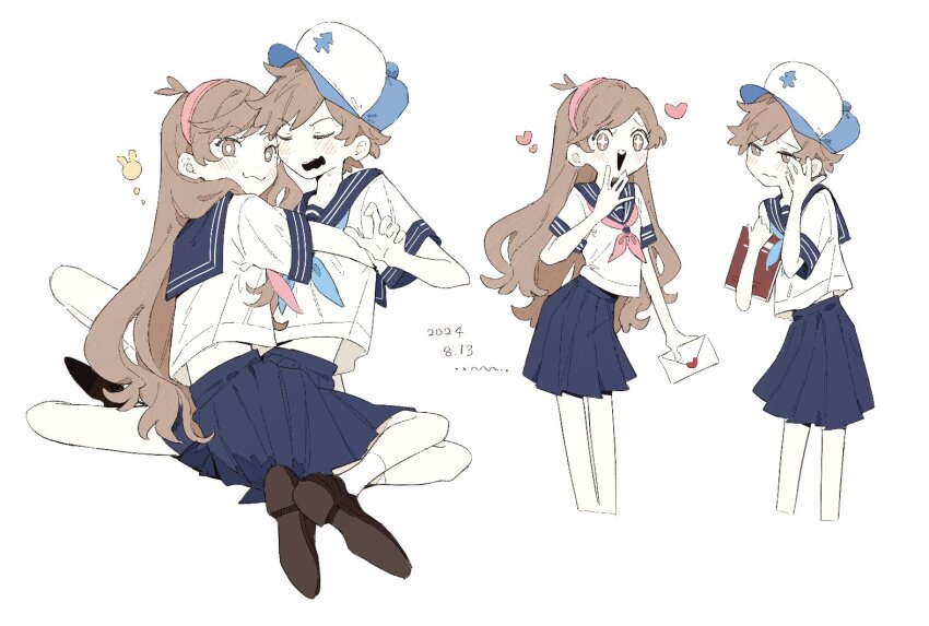 +_+, 1boy, 1girl, 2024, :3, ahoge, baseball_cap, blue_hat