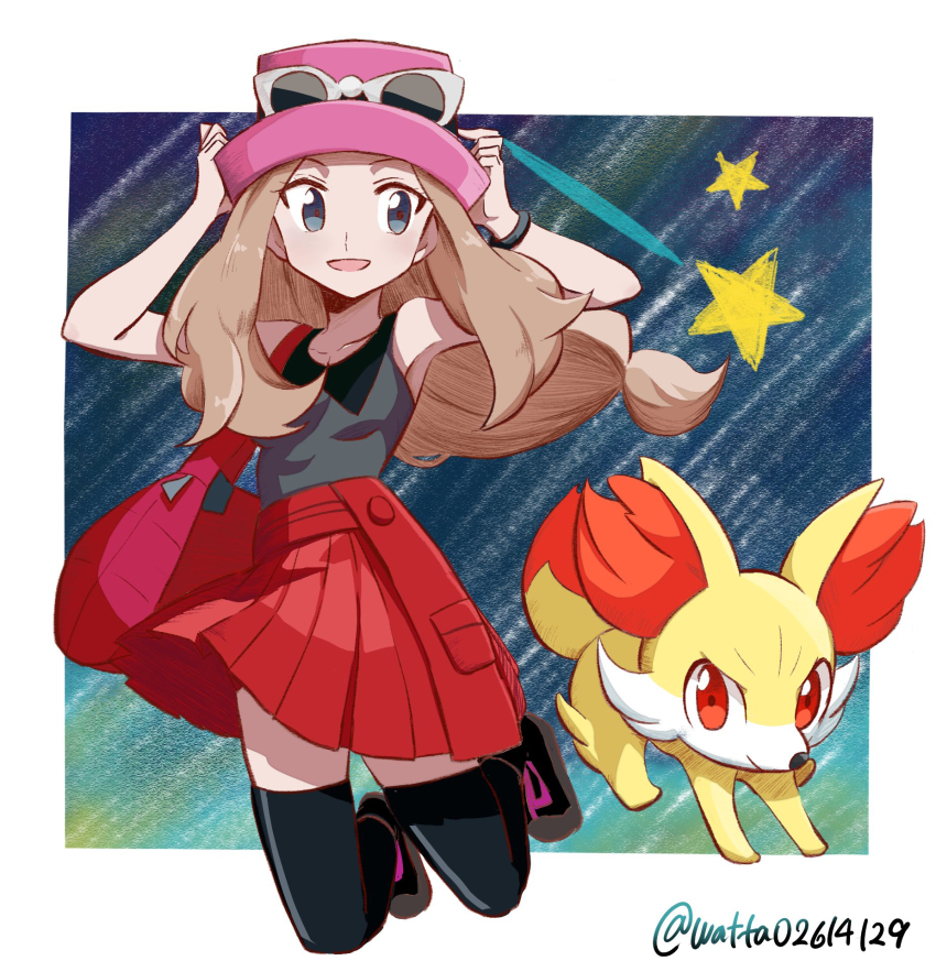 1girl, black_footwear, black_thighhighs, border, bracelet, breasts, collared_shirt, commentary_request