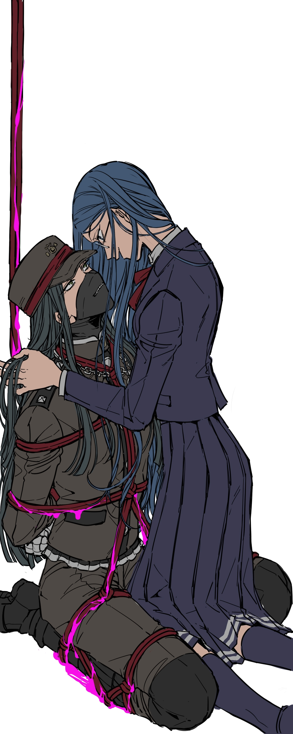 1boy, 1girl, absurdres, arms_behind_back, bandaged_hand, bandages, bdsm, black_footwear