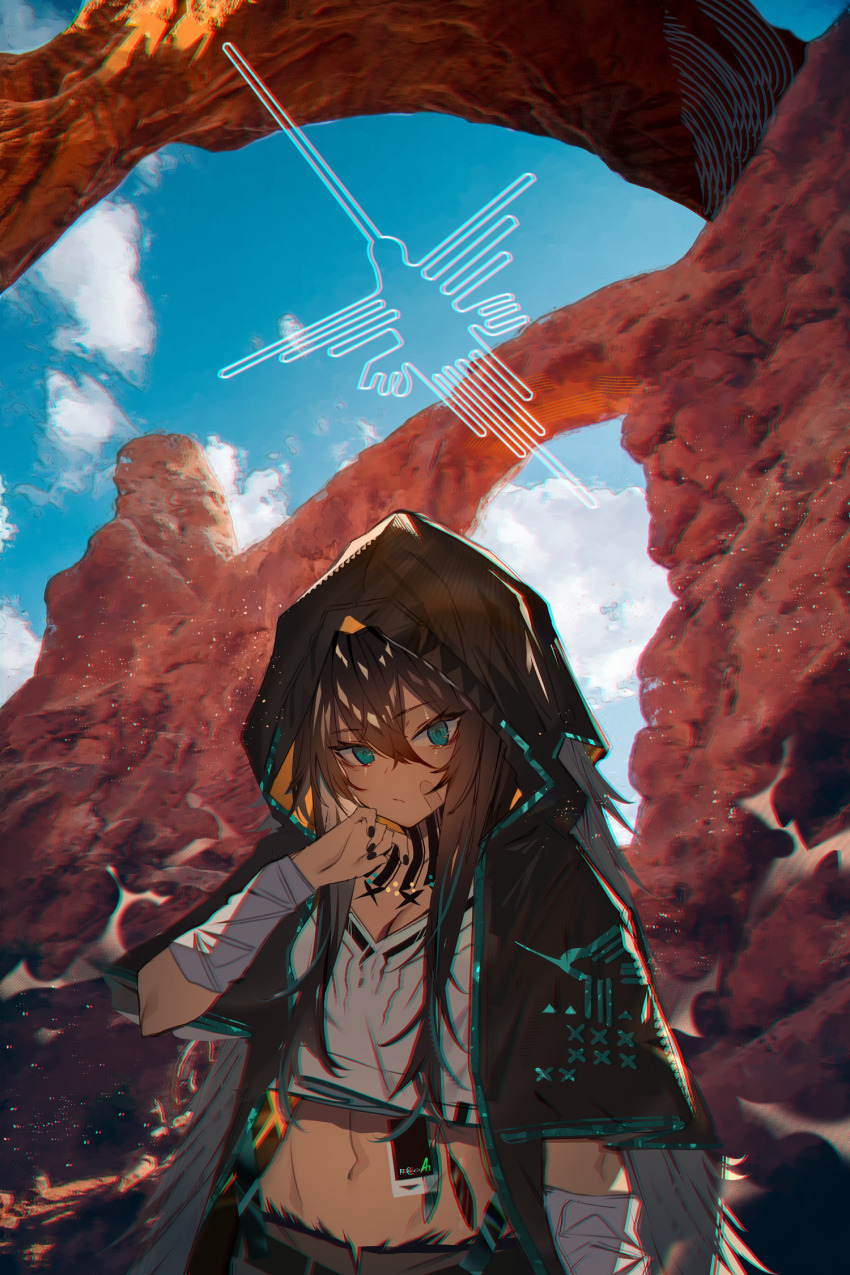 1girl, arknights, bandaged_arm, bandages, bandaid, bandaid_on_face, black_coat, black_nails