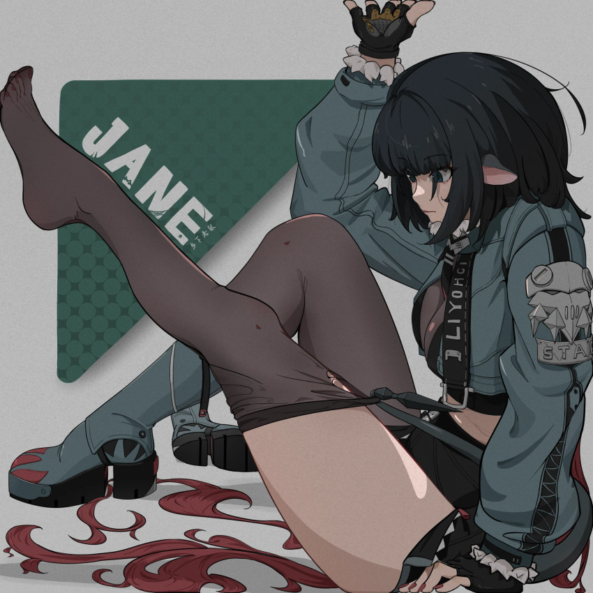 1girl, animal_ears, black_gloves, black_hair, blue_eyes, boots, closed_mouth, fingerless_gloves, from_side, gloves, highres, jane_doe_(zenless_zone_zero), left_shoe_removed, leg_up, liyo_(oldalone1), long_hair, mouse_ears, nail_polish, no_shoes, red_hair, red_nails, single_boot, sitting, solo, tail, thighhighs, toenail_polish, toenails, torn_clothes, torn_thighhighs, very_long_hair, zenless_zone_zero