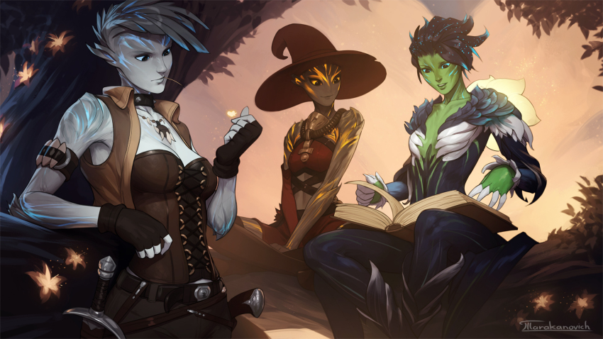 3girls, artist_name, bare_arms, bare_shoulders, belt, black_eyes, black_gloves, black_hair