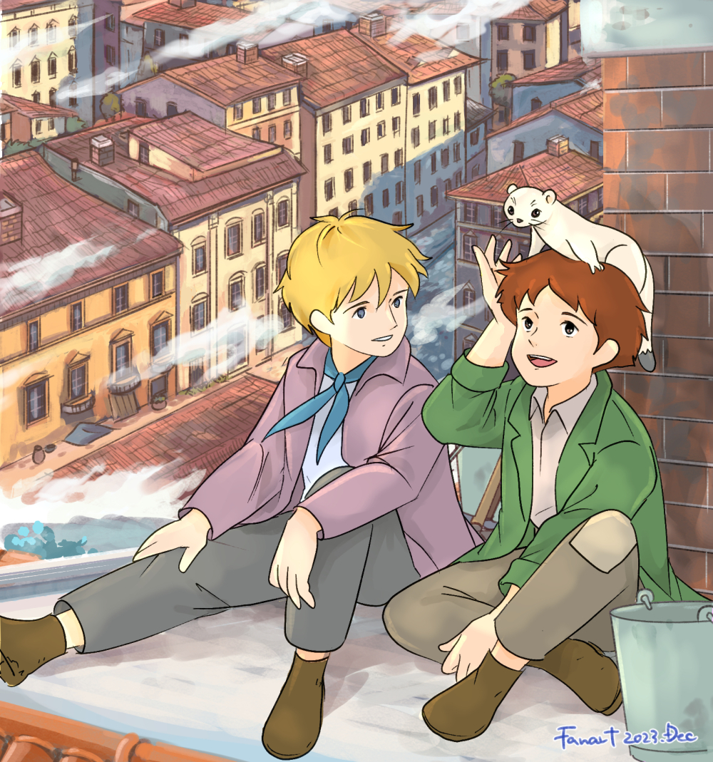 2boys, :d, alfredo_martini, blonde_hair, blue_eyes, brown_footwear, brown_hair, bucket