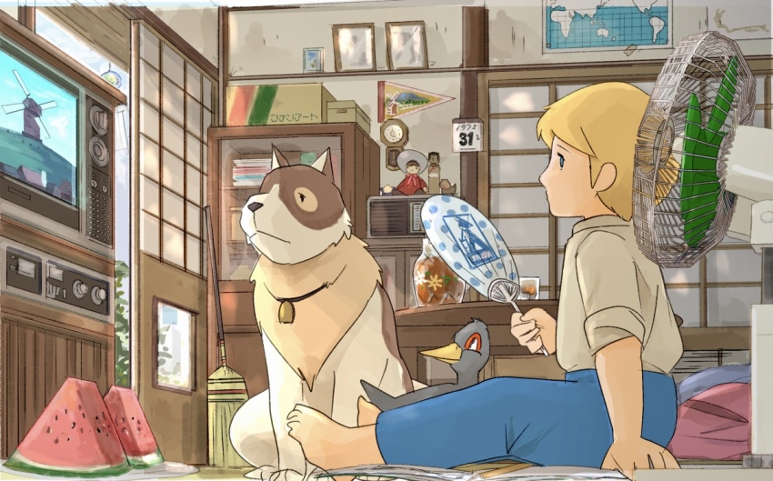1boy, a_dog_of_flanders, barefoot, bell, bird, blonde_hair, blue_eyes, bookshelf