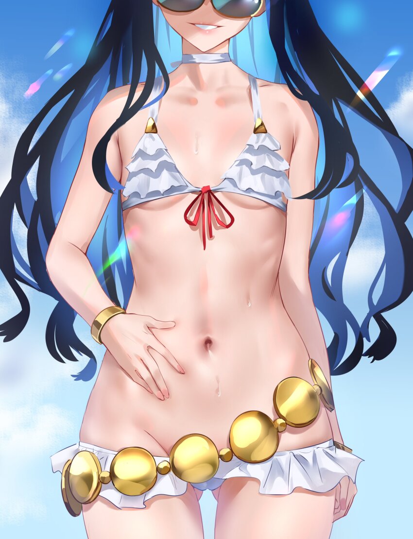 1girl, absurdres, bikini, black_hair, blue_hair, bracelet, breasts, cameltoe