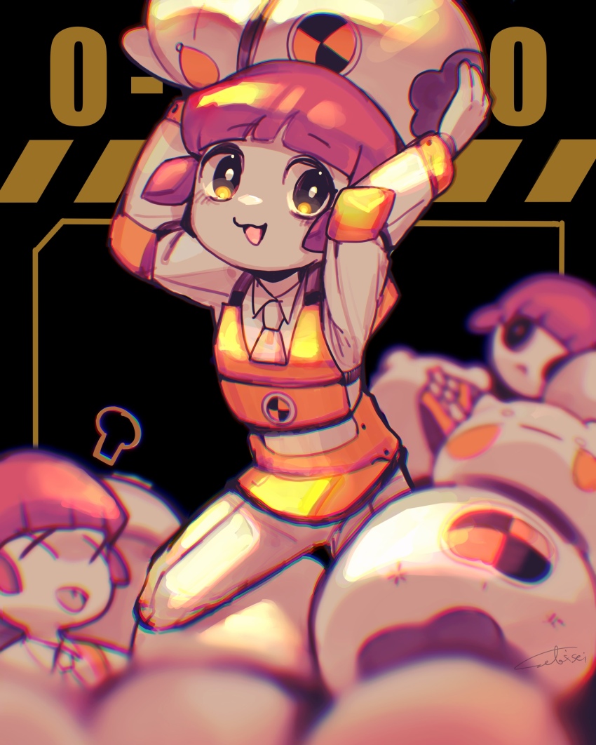 1girl, :3, absurdres, arms_up, brown_hair, e.g.o_(project_moon), employee_(project_moon), highres