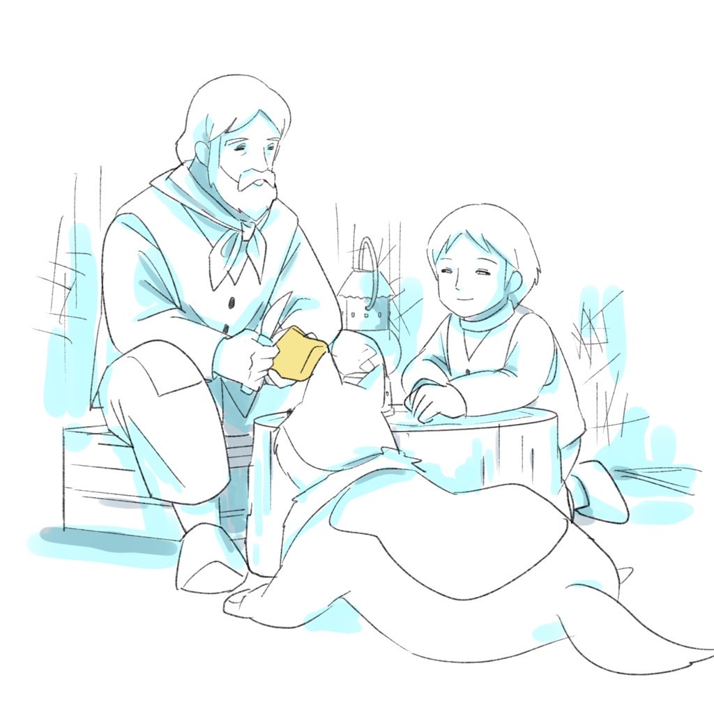 2boys, a_dog_of_flanders, beard, box, closed_eyes, dog, facial_hair, holding