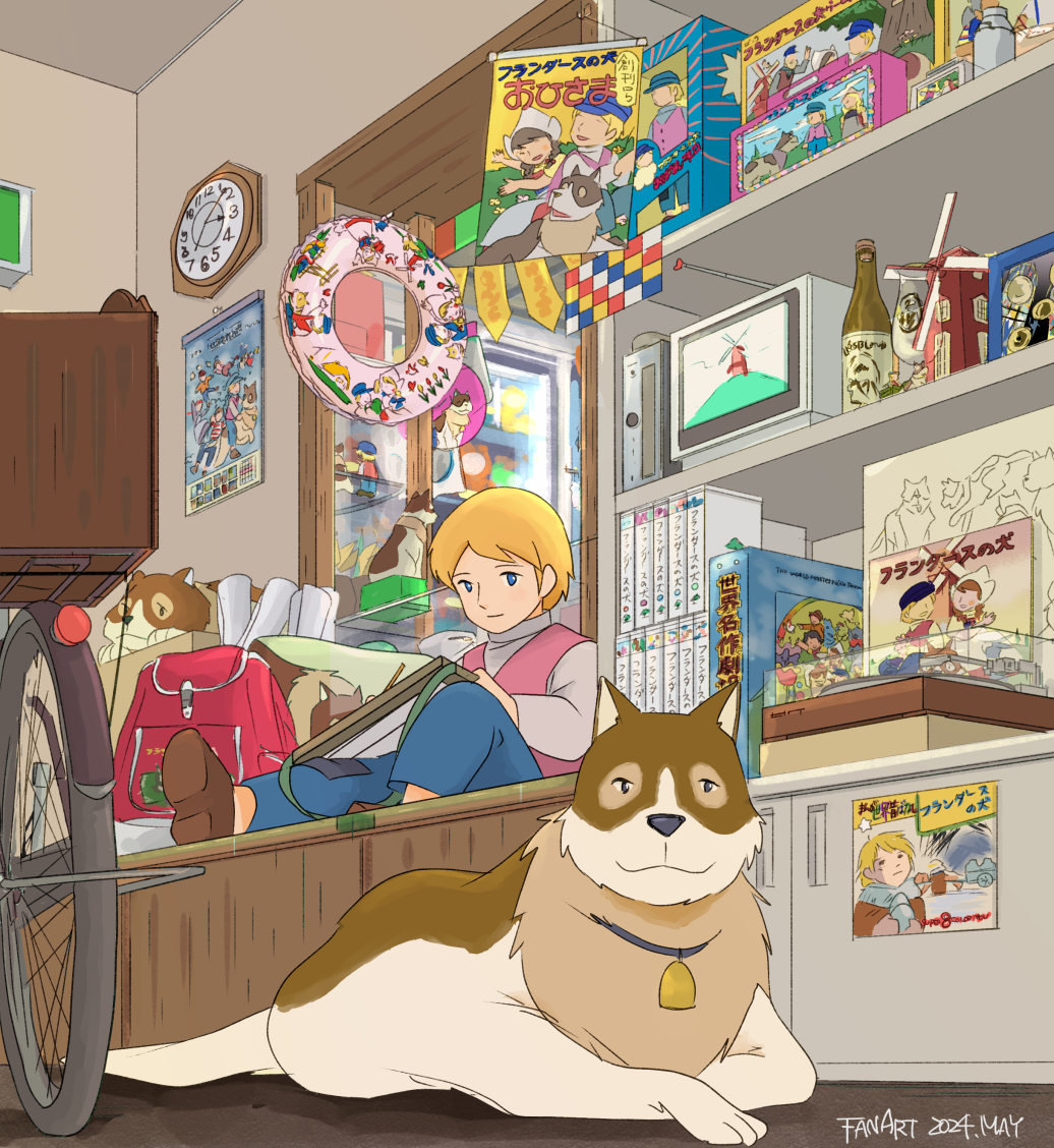 1boy, a_dog_of_flanders, aloise_cogez, backpack, bag, bell, bicycle, blonde_hair