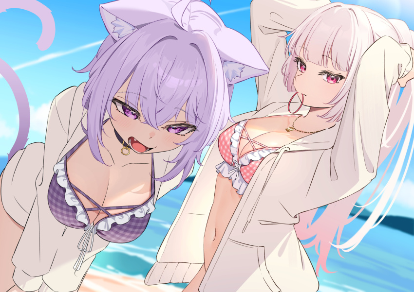 2girls, adjusting_hair, ahoge, animal_ear_fluff, animal_ears, arms_up, beach, bikini, breasts, cat_ears, cat_girl, cat_tail, cleavage, collarbone, commentary_request, cosplay, day, dutch_angle, frilled_bikini, frills, hair_between_eyes, hair_ornament, hair_tie, highres, hololive, jacket, jewelry, large_breasts, leaning_forward, long_hair, long_sleeves, looking_at_viewer, mouth_hold, multiple_girls, navel, necklace, nekomata_okayu, nijisanji, ocean, open_clothes, open_jacket, open_mouth, outdoors, pink_bikini, pink_eyes, pink_hair, purple_bikini, purple_eyes, purple_hair, shiina_yuika, shiina_yuika_(6th_costume), shiina_yuika_(cosplay), shin_toro, sky, swimsuit, tail, very_long_hair, virtual_youtuber, white_hair