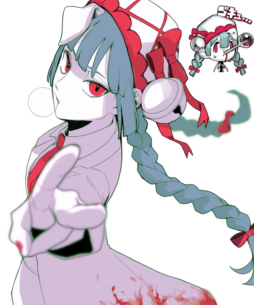 1girl, animal_ears, aqua_hair, blood, blood_on_clothes, braid, chewing_gum, coat, collared_shirt, cowboy_shot, dog_ears, e.g.o_(project_moon), employee_(project_moon), face_of_the_people_who_sank_all_their_money_into_the_fx_(meme), foreshortening, giant_tree_sap, grinder_mk4_(e.g.o), hat, highres, lobotomy_corporation, long_hair, looking_at_viewer, low_twin_braids, meme, necktie, nugget_(project_moon), project_moon, red_necktie, sekisei_mg, shirt, solo, twin_braids, v, very_long_hair, white_coat, white_hat, white_shirt