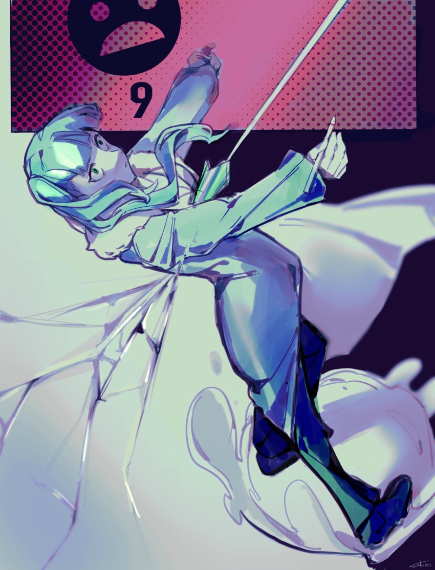 1girl, absurdres, black_pants, black_shoes, blue_coat, blue_eyes, blue_hair, coat