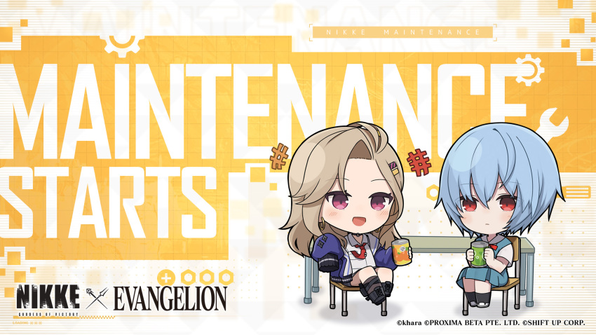 2girls, ayanami_rei, blue_eyes, can, chair, chibi, closed_mouth, collared_shirt