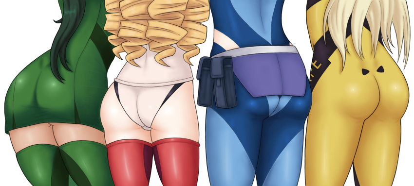 4girls, ass, ass_focus, blonde_hair, bodysuit, boots, dark_skin, dress, drill_hair, from_behind, green_hair, heavy_object, highres, leotard, mariydi_whitewitch, milinda_brantini, multiple_girls, ohoho_(heavy_object), ponytail, putana_highball, short_dress, thigh_boots, thighs, yozora_takayama