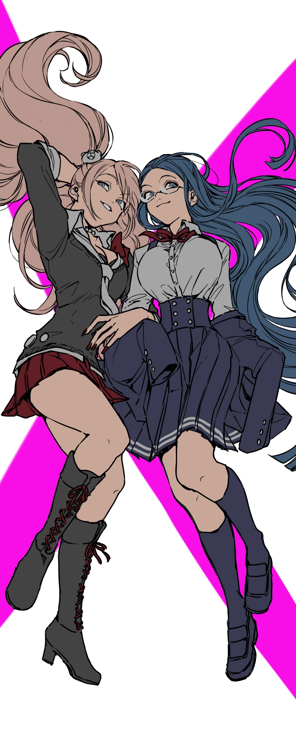 2girls, absurdres, arm_behind_head, bear_hair_ornament, black_bra, black_footwear, black_jacket, blazer, blonde_hair, blue_corset, blue_eyes, blue_hair, blue_jacket, blue_skirt, blue_socks, blunt_ends, boots, bra, breasts, buttons, cleavage, closed_mouth, collared_shirt, commentary, corset, danganronpa_(series), danganronpa_v3:_killing_harmony, dot_nose, dress_shirt, enoshima_junko, eyelashes, footwear_ribbon, forehead, full_body, glasses, grey_footwear, hair_ornament, hair_spread_out, hand_in_own_hair, high_heel_boots, high_heels, highres, jacket, jacket_partially_removed, knee_boots, kneehighs, knees, lace-up_boots, large_breasts, layered_sleeves, locked_arms, long_hair, long_sleeves, looking_at_viewer, lying, medium_skirt, microskirt, multiple_girls, on_back, open_mouth, pleated_skirt, red_ribbon, red_skirt, ribbon, round_eyewear, shirogane_tsumugi, shirt, shoes, skirt, smile, socks, spoilers, teeth, three-quarter_sleeves, twintails, underwear, usukuchi_(hagi), uwabaki, very_long_hair, wavy_hair, white_background, white_shirt