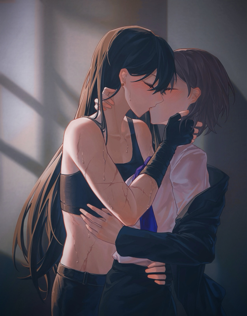 2girls, bang_dream!, bang_dream!_it's_mygo!!!!!, black_gloves, black_hair, black_jacket, black_pants, black_sports_bra, blue_necktie, blush, chinese_commentary, closed_eyes, commentary_request, commission, couple, cowboy_shot, earrings, fingerless_gloves, gloves, grey_hair, highres, jacket, jewelry, kiss, multiple_girls, necktie, pants, scar, second-party_source, shiina_taki, shirt, short_hair, sports_bra, sweat, takamatsu_tomori, white_shirt, yuri, zhou_huan_(dgpe2833)