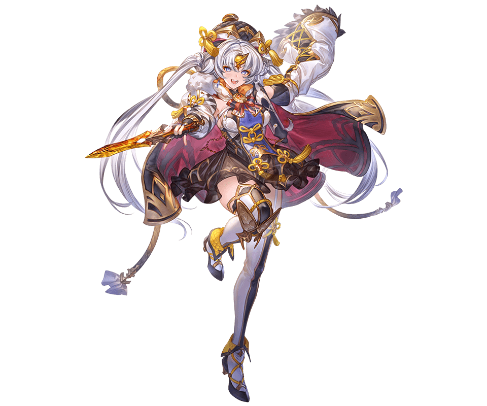 1girl, black_skirt, blue_eyes, detached_sleeves, fingerless_gloves, gloves, granblue_fantasy, hat, holding, holding_weapon, long_hair, looking_at_viewer, official_art, open_mouth, shushuku_(granblue_fantasy), skirt, smile, solo, thighhighs, third-party_source, weapon, white_background, white_hair, zettai_ryouiki