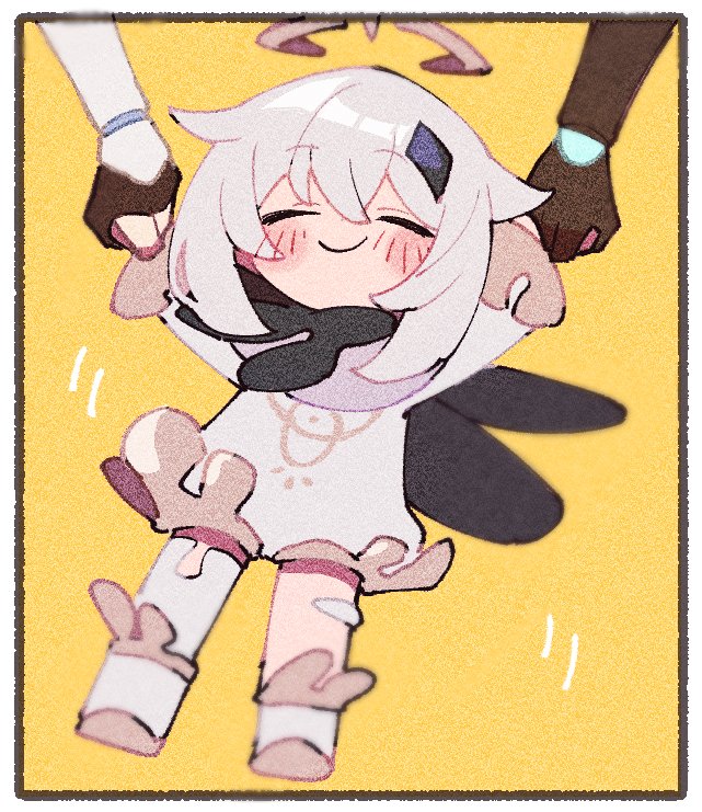 1boy, 2girls, aether_(genshin_impact), blush, boots, brown_gloves, closed_eyes, closed_mouth, feet_out_of_frame, genshin_impact, gloves, halo, long_hair, lumine_(genshin_impact), multiple_girls, nploser, paimon_(genshin_impact), partially_fingerless_gloves, romper, simple_background, smile, vambraces, white_footwear, white_hair, white_romper, yellow_background