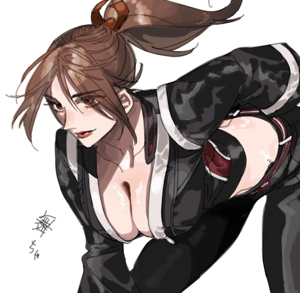 1girl, bent_over, black_jumpsuit, black_pants, breasts, brown_eyes, brown_hair, cleavage