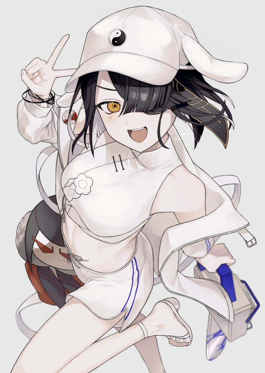 1girl, bare_shoulders, black_hair, blush, breasts, brown_eyes, chainsaw, character_doll