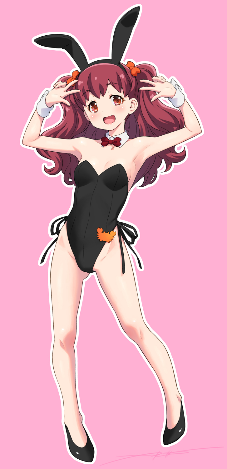 1girl, :d, animal_ears, bare_legs, black_footwear, black_hairband, black_leotard, bow