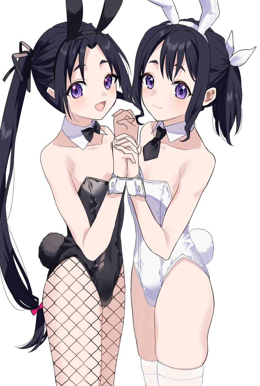 2boys, animal_ears, black_bow, black_bowtie, black_hair, black_leotard, black_necktie, black_ribbon