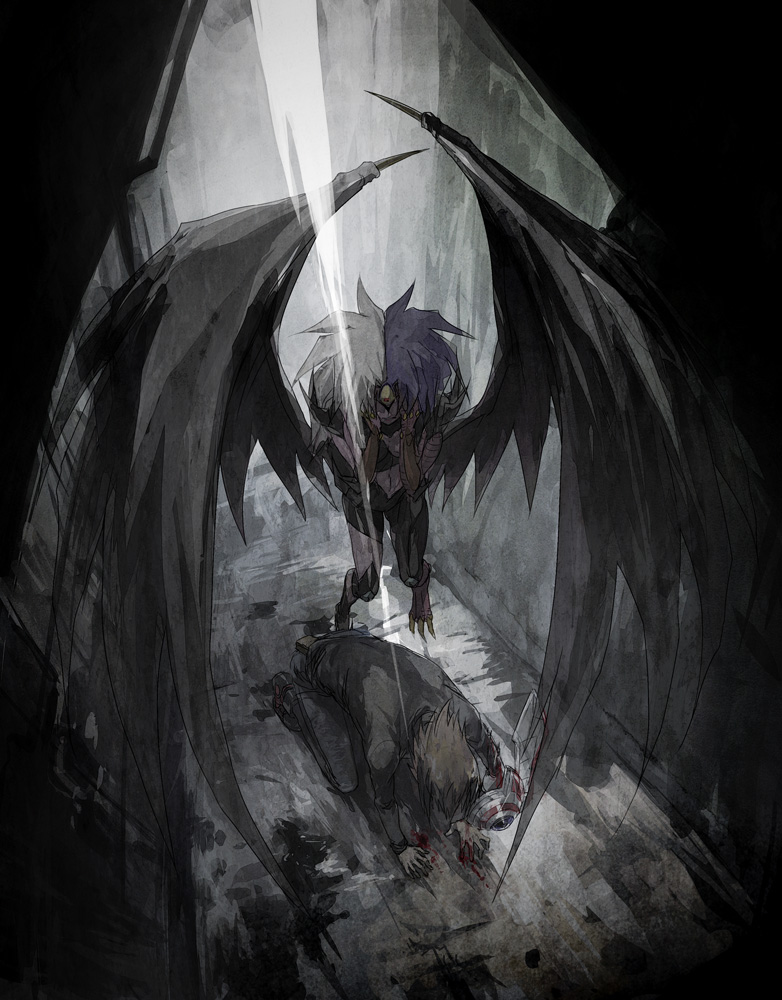 1boy, 1other, alley, belt, belt_pouch, black_pants, black_skirt, bleeding