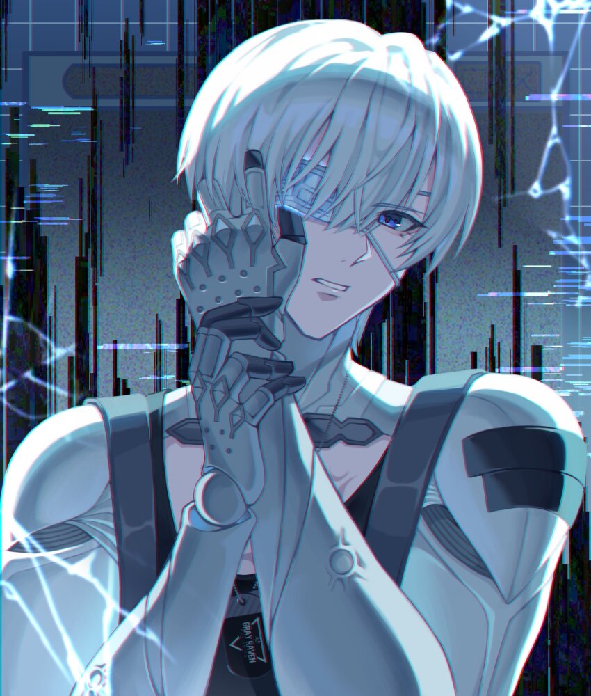 1boy, black_shirt, blue_eyes, commentary_request, crack, cracked_glass, cracked_screen, dog_tags, eyepatch, glitch, grey_background, hair_between_eyes, hands_up, head_tilt, highres, jewelry, lee:_entropy_(ashen_end)_(pgr), lee:_entropy_(pgr), lee_(pgr), looking_at_viewer, male_focus, mechanical_arms, medical_eyepatch, necklace, official_alternate_costume, one_eye_covered, parted_lips, punishing:_gray_raven, shirt, short_hair, solo, toi_pngr, upper_body, white_hair